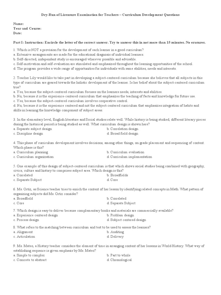Sample of LET Question in Curriculum Development | PDF | Curriculum ...