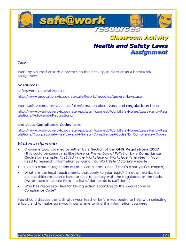 Classroom Activity Health and Safety Laws Assignment | PDF | Career ...