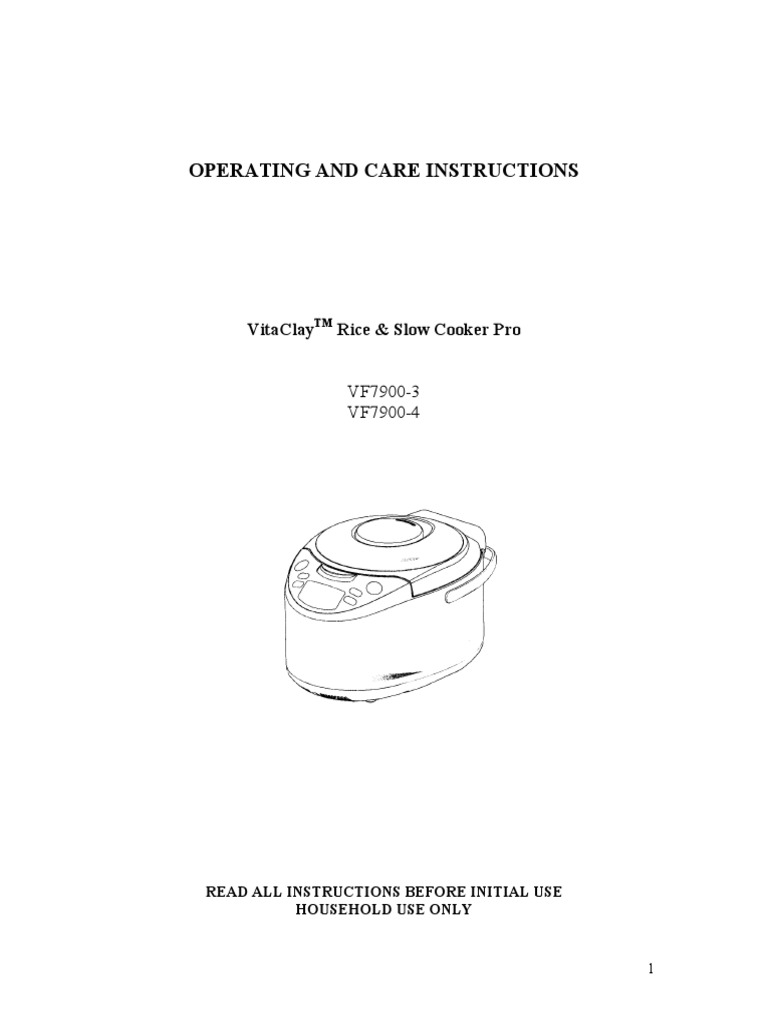 Operating and Care Instructions Vitaclay Rice & Slow Cooker Pro PDF