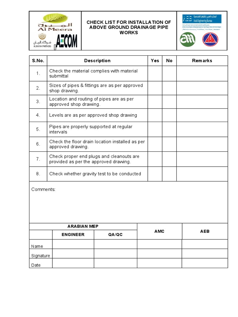 Above Ground Drainage Installation Checklist | PDF