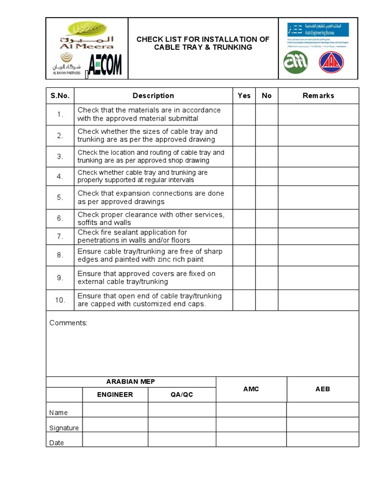 CHECKLIST For Installation of Cable Tray & Trunking PDF