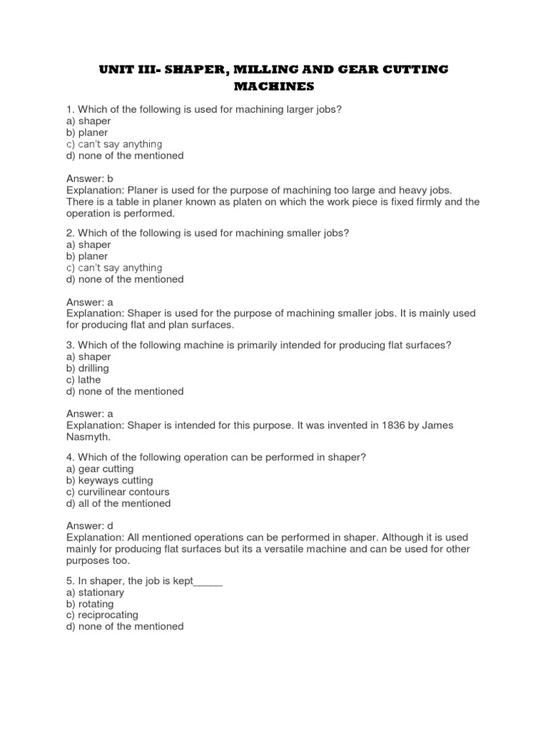 Milling and Shaping Machine Operations PDF Drilling Gear
