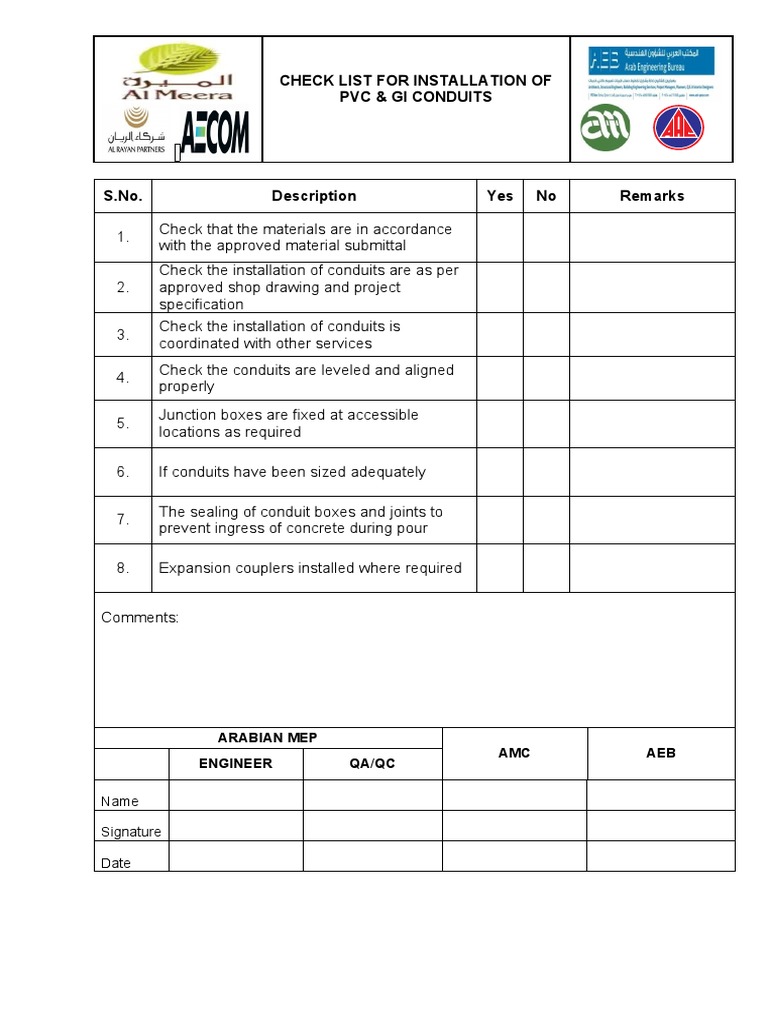 CHECKLIST For Installation of PVC & GI Conduits PDF