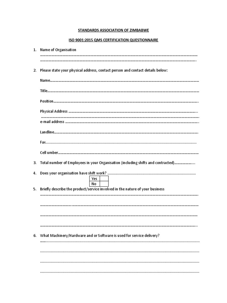 Standards Association of Zimbabwe Iso 90012015 Qms Certification
