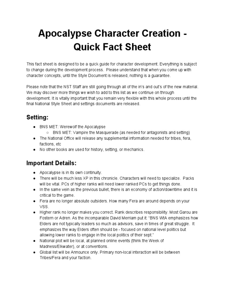 Apocalypse Character Creation - Quick Fact Sheet: Setting | PDF | Leisure