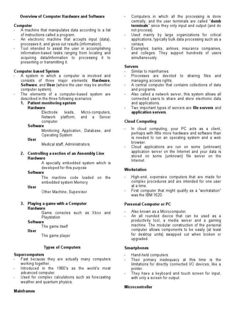 Notes - Overview of Computer Hardware and Software | PDF | Computer ...