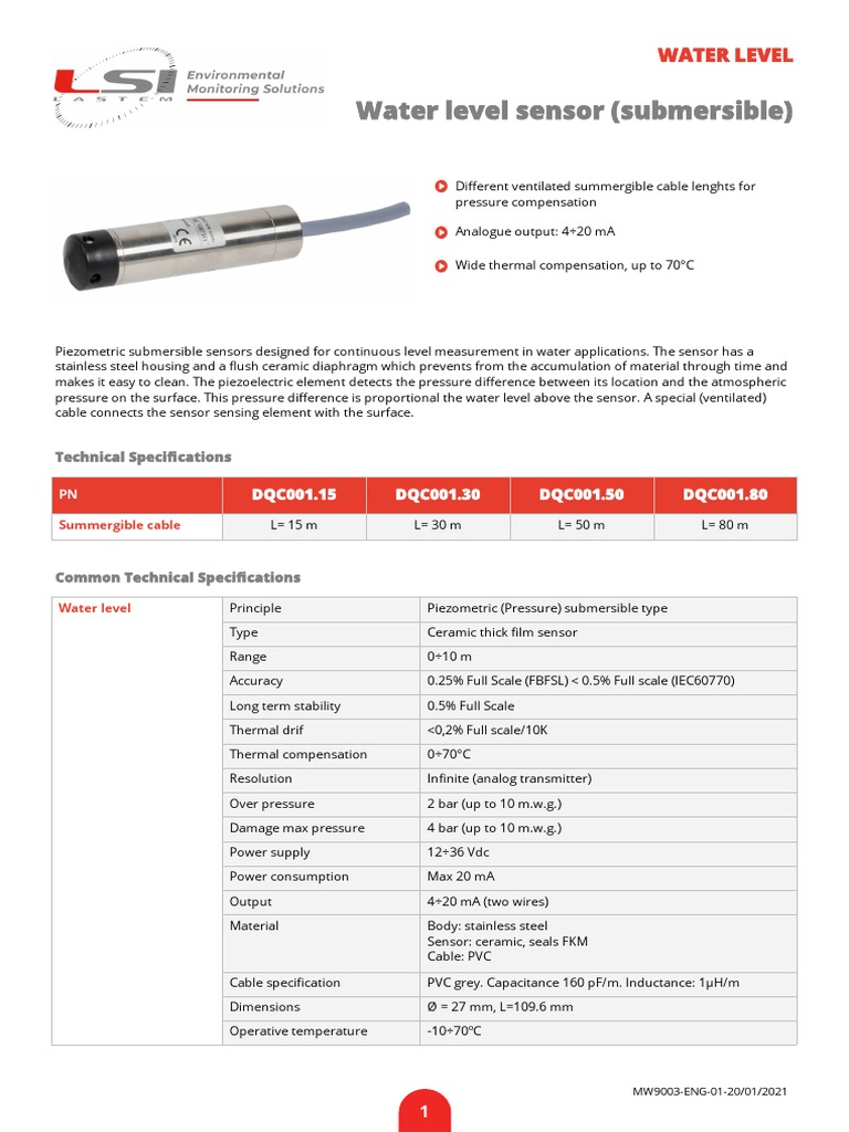 Water Level Sensor Specifications Guide | PDF | Metrology | Electrical ...