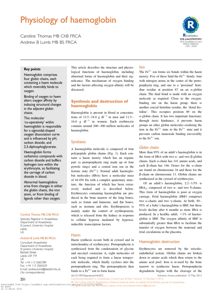 Physiology Of Hemoglobin Pdf Hemoglobin Blood