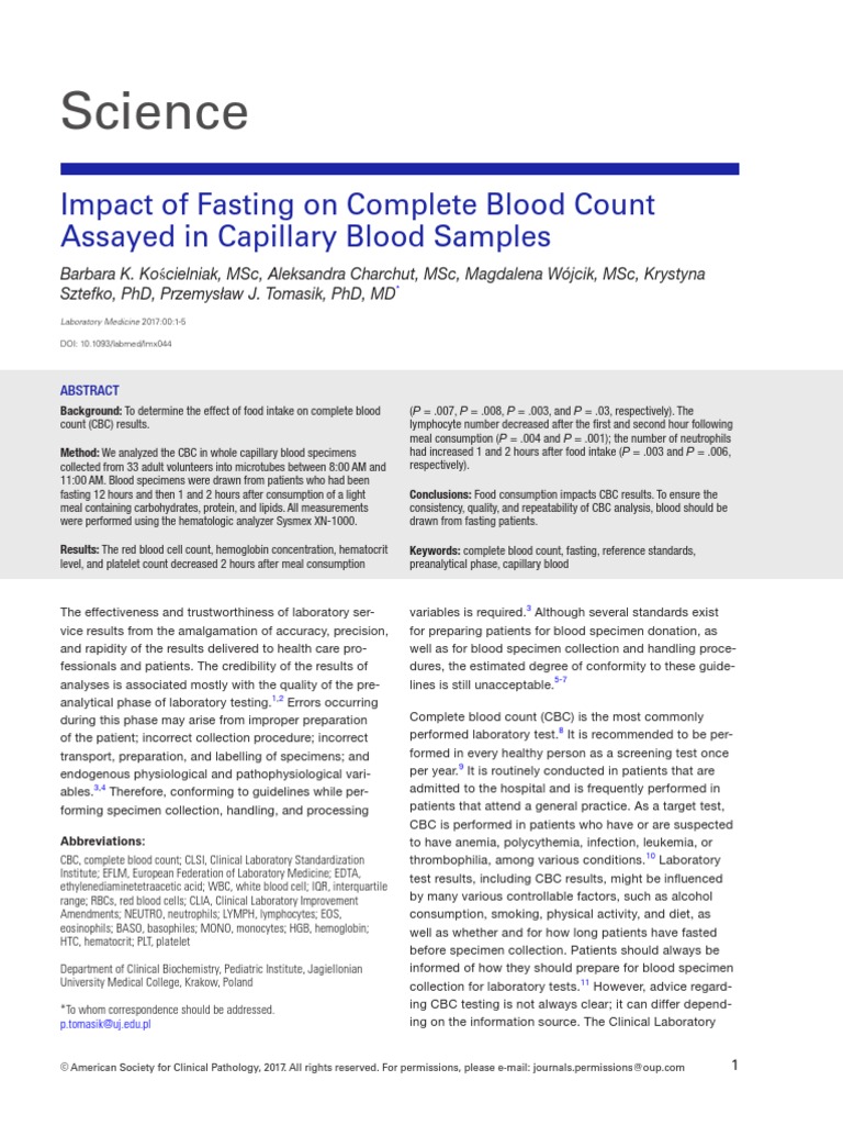 Impact of Fasting On Complete Blood Count | PDF | Blood Cell | White ...