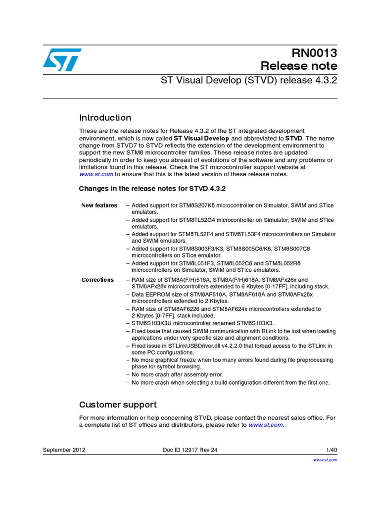 RN0013 Release Note ST Visual Develop (STVD) Release 4.3.2 PDF