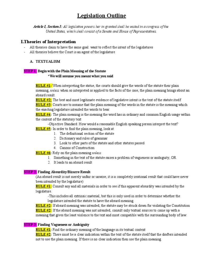 Legislation Outline PDF Plain Meaning Rule Statutory Interpretation