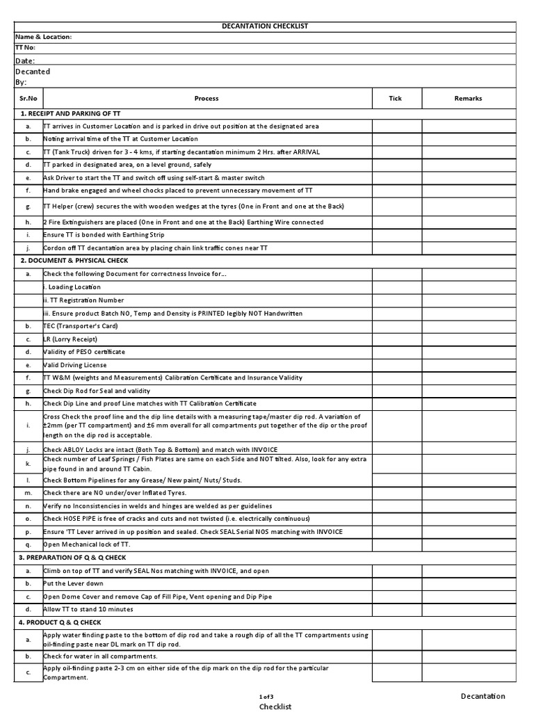 Date: Decanted By:: Decantation Checklist | PDF | Density | Pipe (Fluid ...