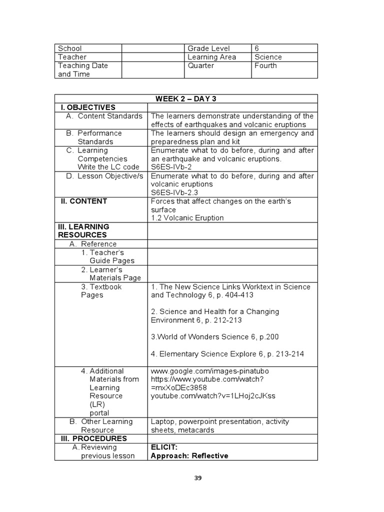 DLL Grade 6 Fourth Quarter Week 2 Day 3 PDF Volcano Learning