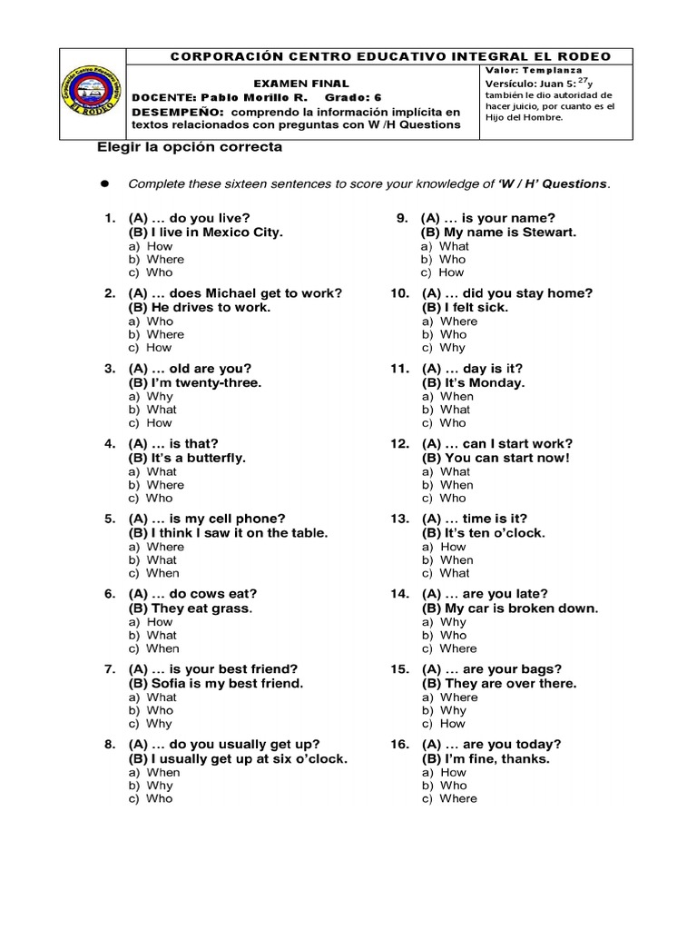 Examen Final 6° Ingles-2020 | PDF | Artes del Lenguaje y Comunicación ...