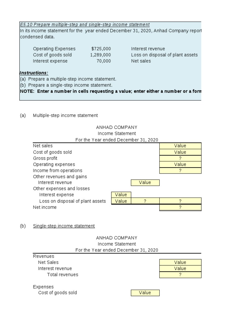 Instructions:: E5.10 Prepare Multiple-Step and Single-Step Income ...