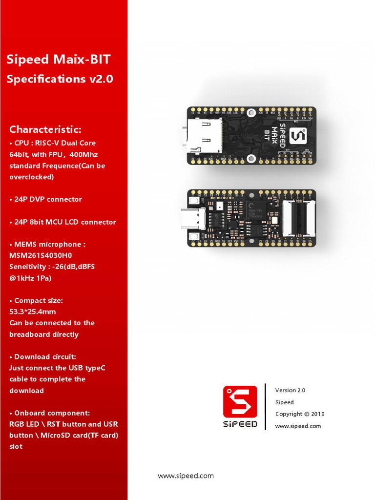 Sipeed Maix-BIT Specifications EN V2.0 | PDF | Microphone | Computing