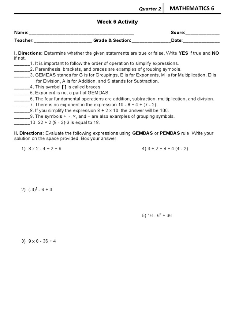 Activity Math 6 Quarter 2 Week 6 (GEMDAS) | PDF