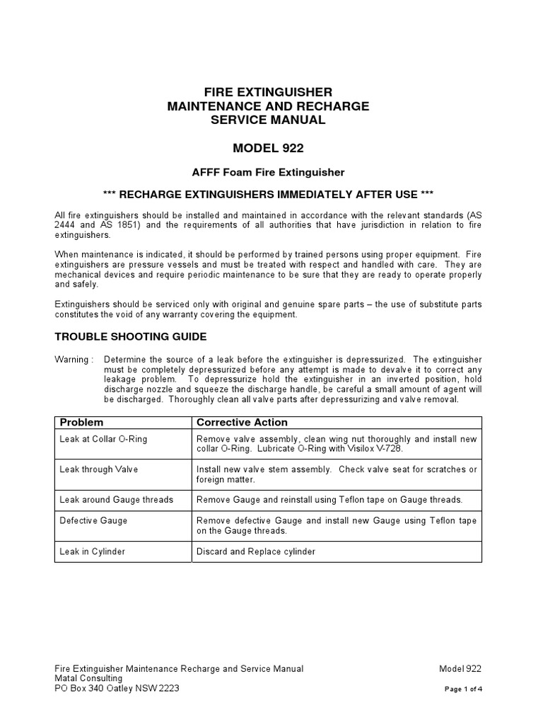 Fire Extinguisher Maintenance and Recharge Service Manual MODEL 922