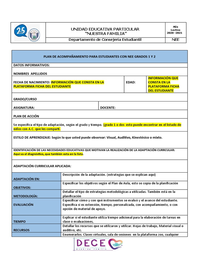 Plan de Acompañamiento para Estudiantes Con Nee | PDF | Planificación ...