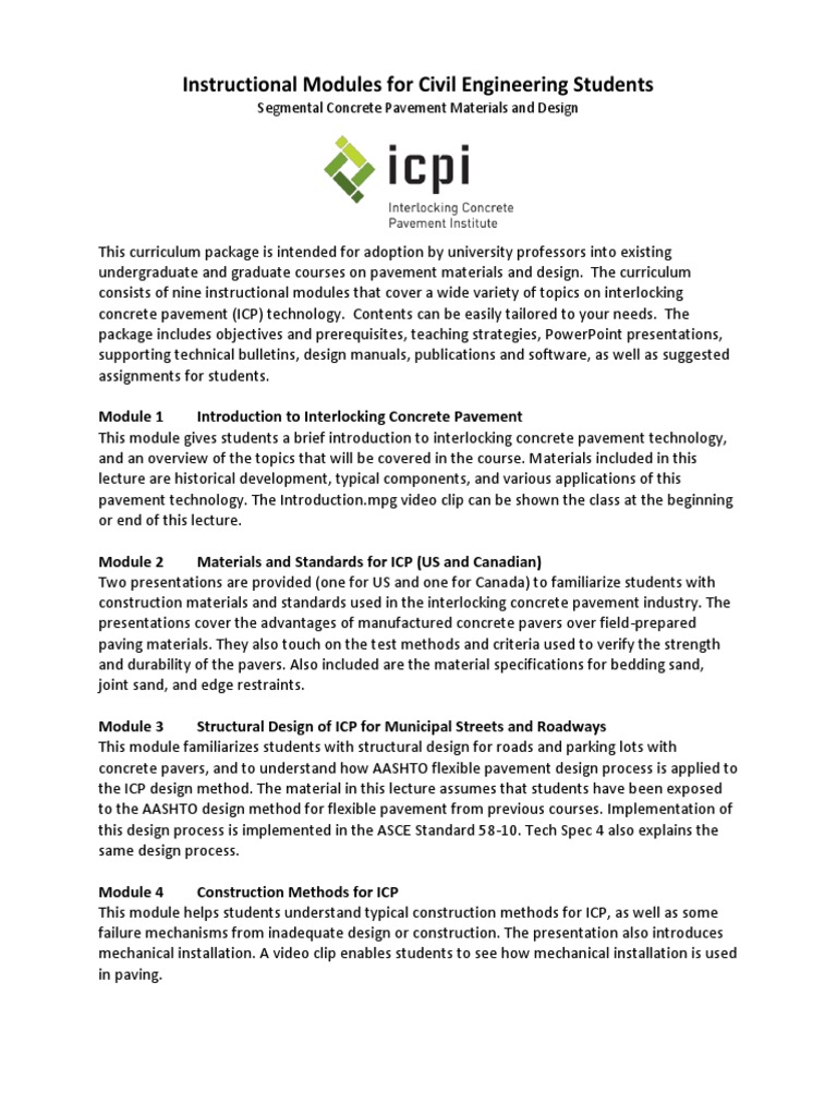 Summary of ICPI Civil Engineering Modules | PDF | Road Surface | Life ...