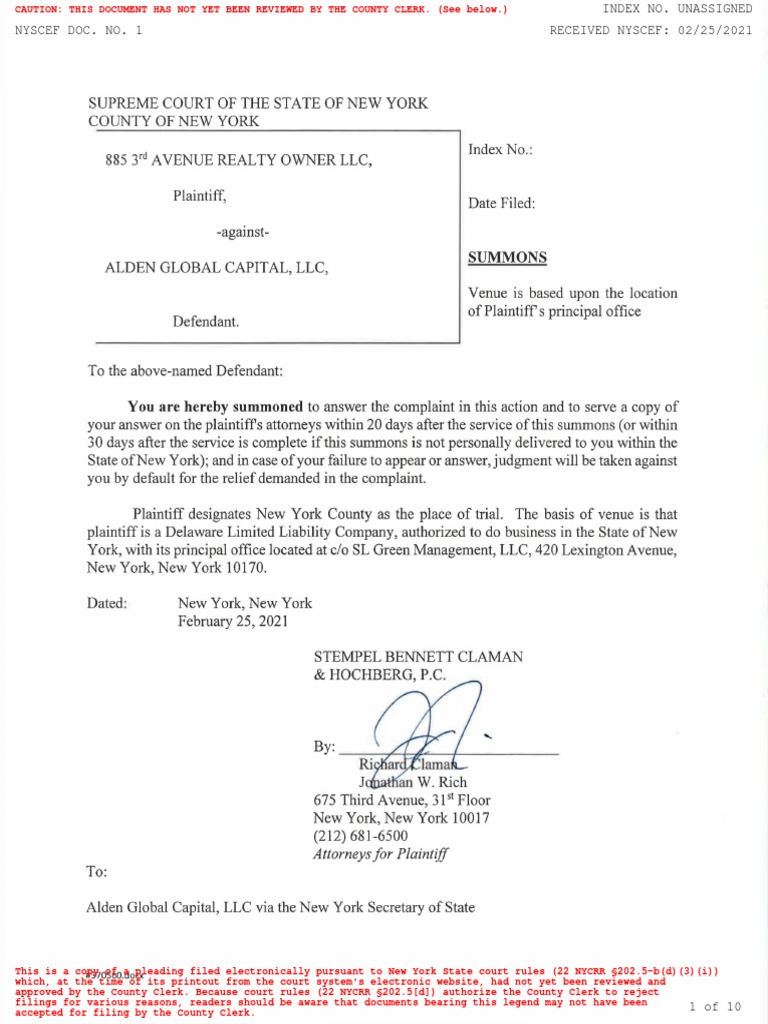 885 3rd Avenue Realty Owner v. Alden Global Capital LLC Download Free PDF Lease Leasehold