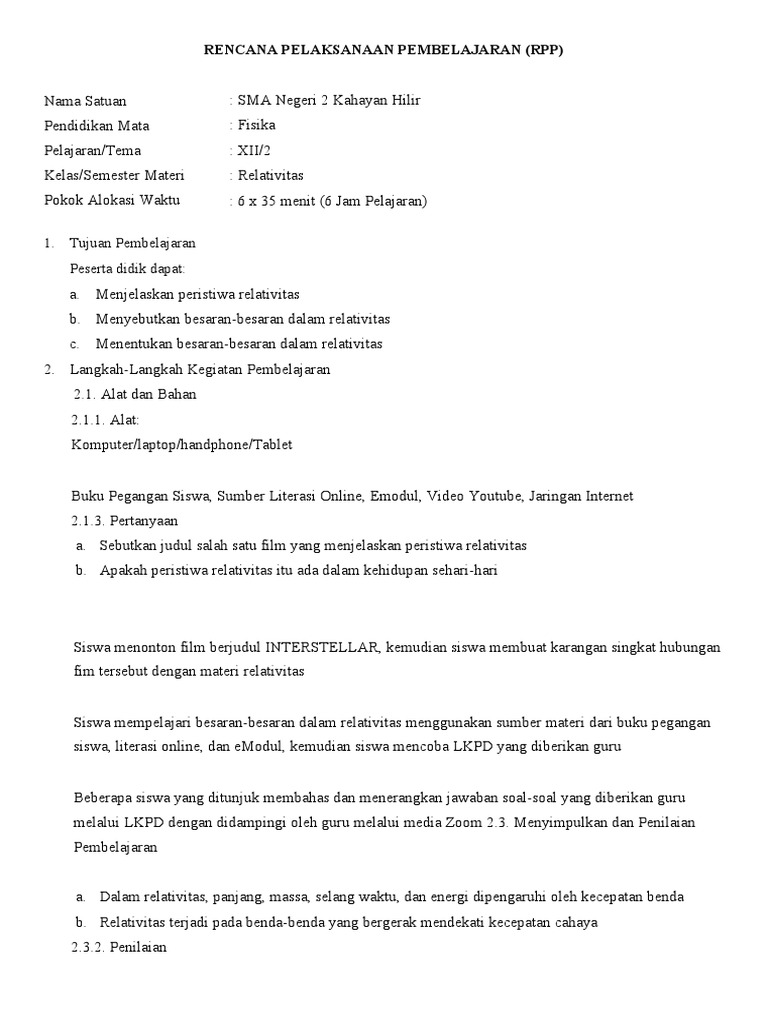 RPP PJJ Fisika Kelas Xii Relativitas | PDF | Kesehatan Holistik | Sains ...