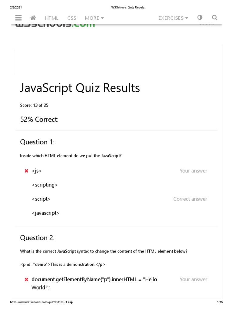 W3Schools Quiz Results JS PDF  Design  Standards