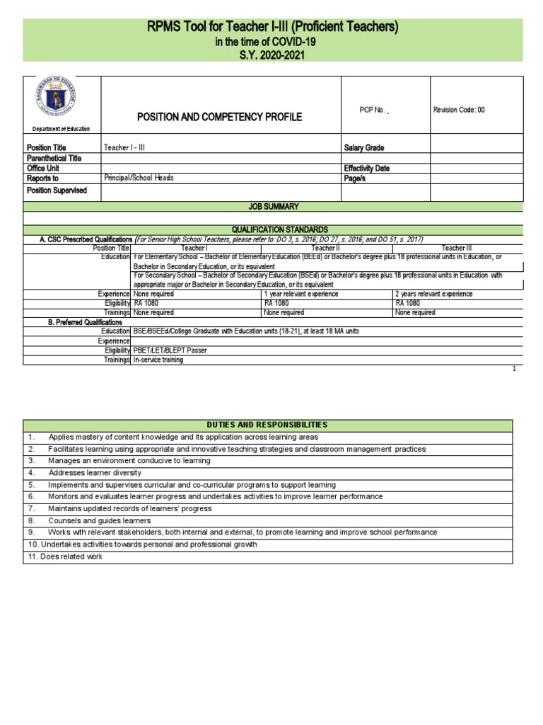 RPMS for Teacher I-III Proficiency Standards | PDF | Teachers ...