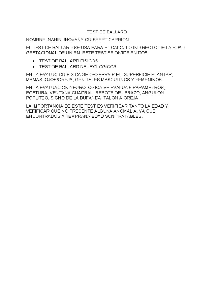 Test de Ballard: Evaluación Neonatal | PDF | Salud y bienestar