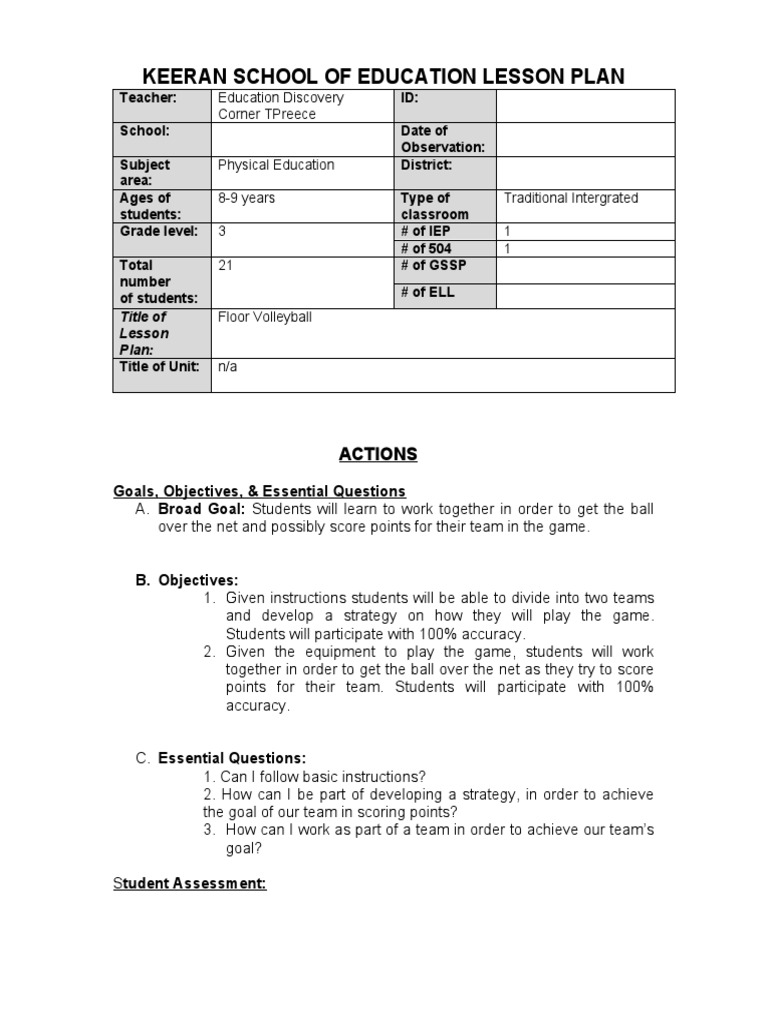 Floor Volleyball Lesson Plan for PE | PDF | Individualized Education ...
