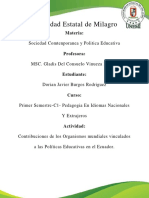 Contribuciones de Los Organismos Mundiales Vinculados A Las Políticas Educativas en El Ecuador.