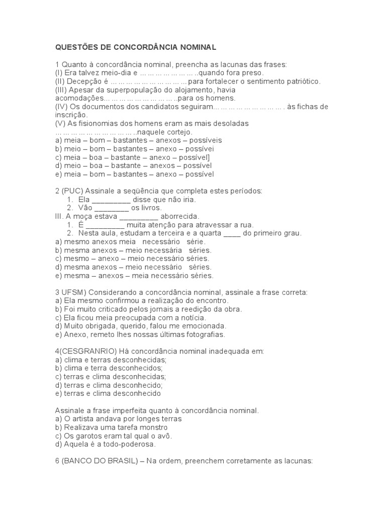 Questões sobre Concordância Nominal | PDF