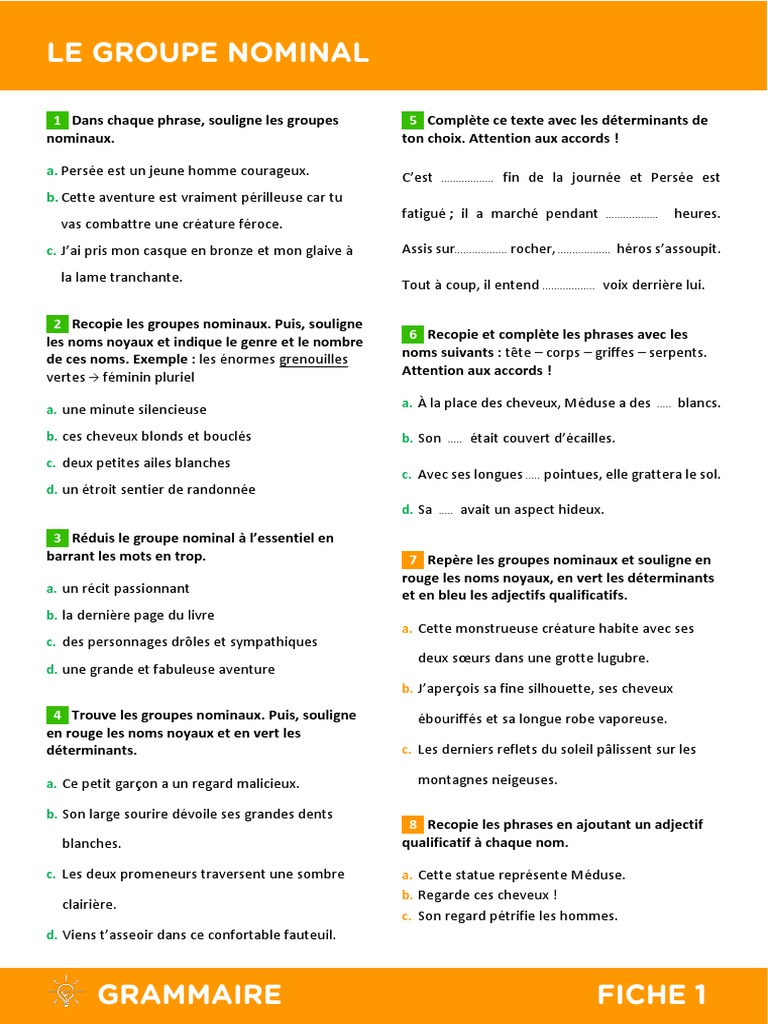 L accord Dans Le Groupe Nominal Cm2 Exercices Pdf C3 Le Groupe Nominal | PDF | Médusa