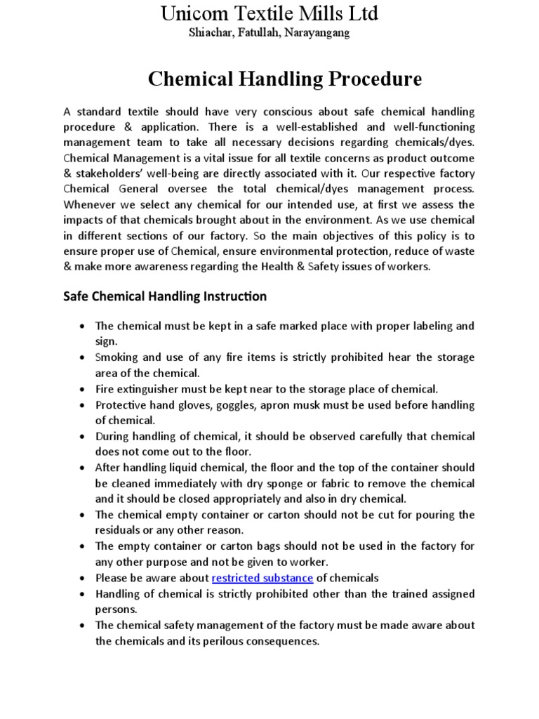 Chemical Handling Procedure PDF Personal Protective Equipment