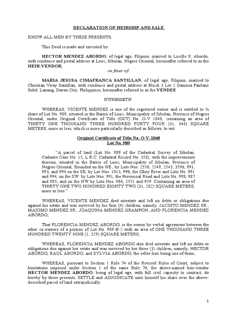 Declaration of Heirship and Sale | PDF | Land Law | Private Law