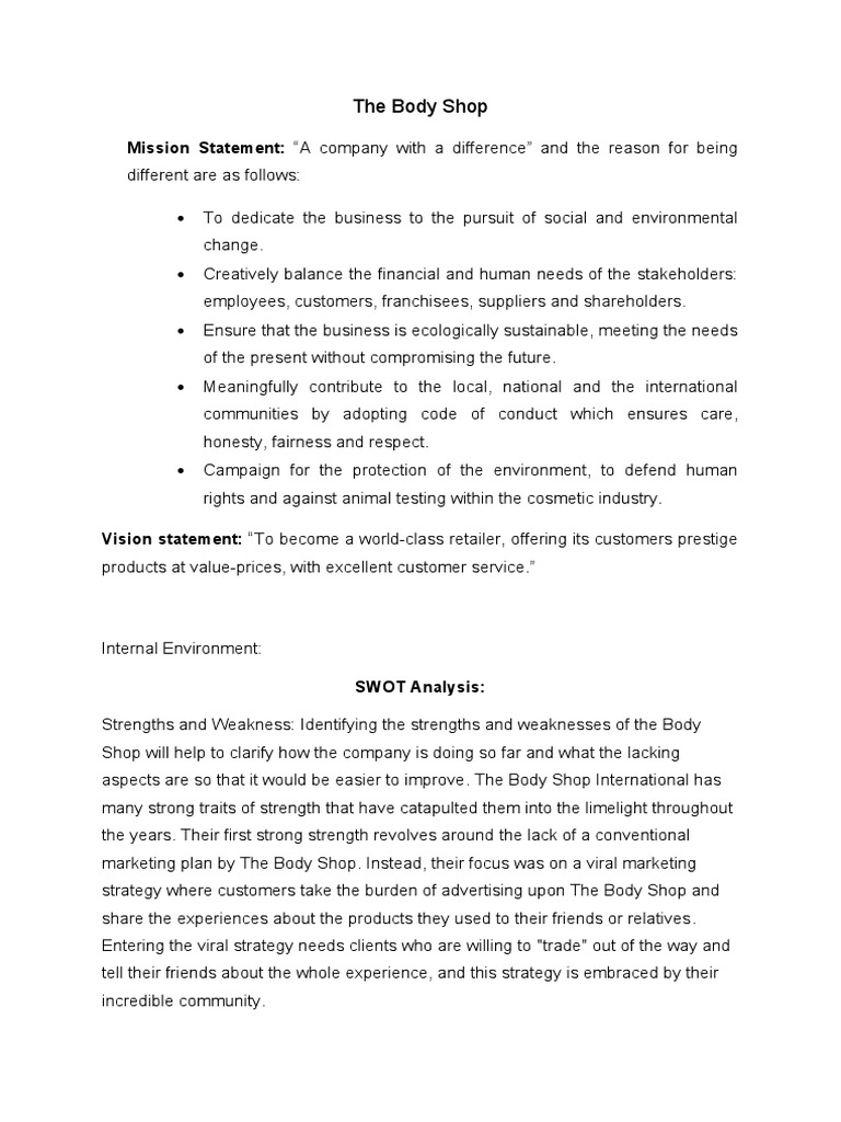 The Body Shop Mission Statement "A Company With A Difference" and The