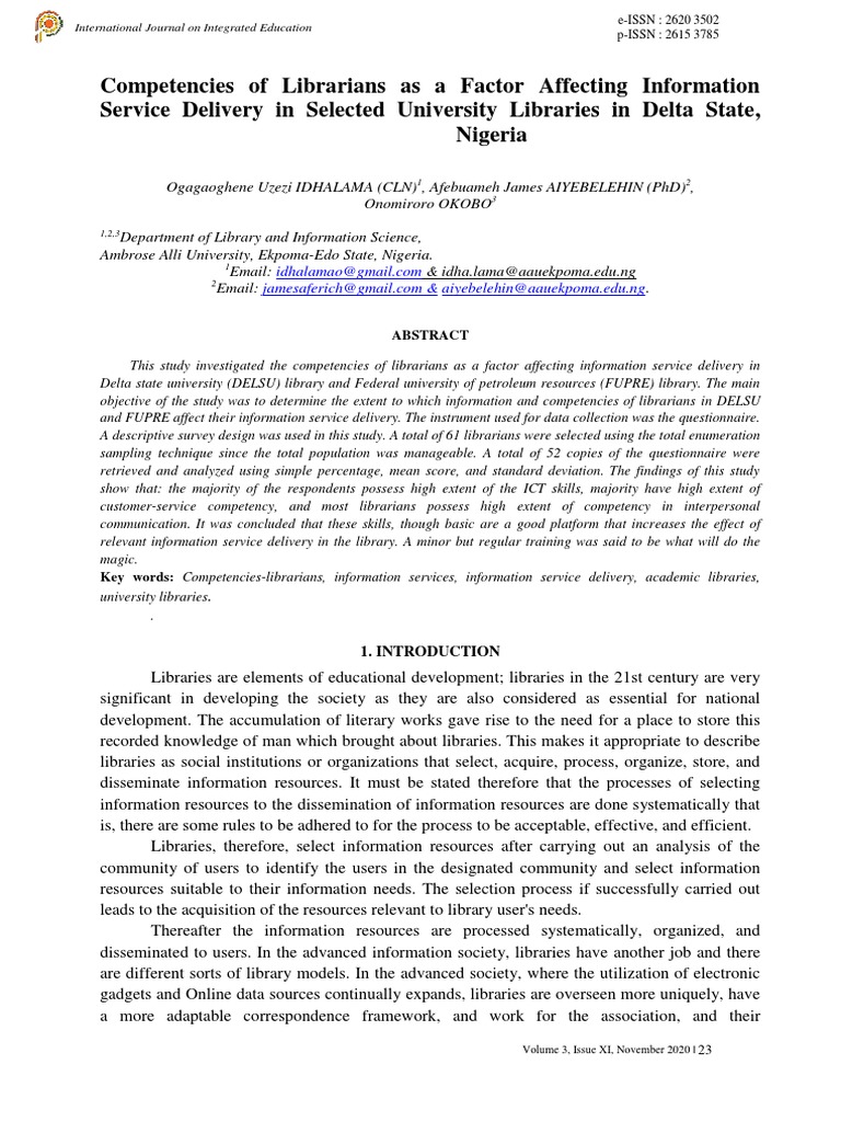 Competencies of Librarians As A Factor Affecting Information Service ...