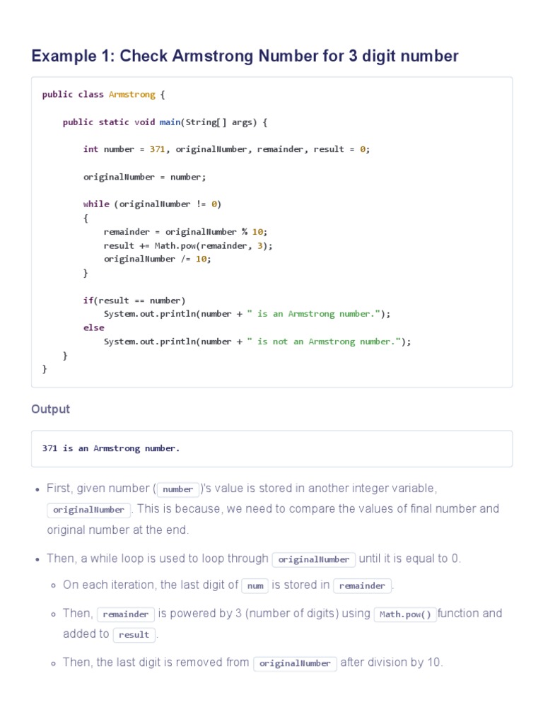 Java Program To Check Armstrong Number | PDF | Integer (Computer ...