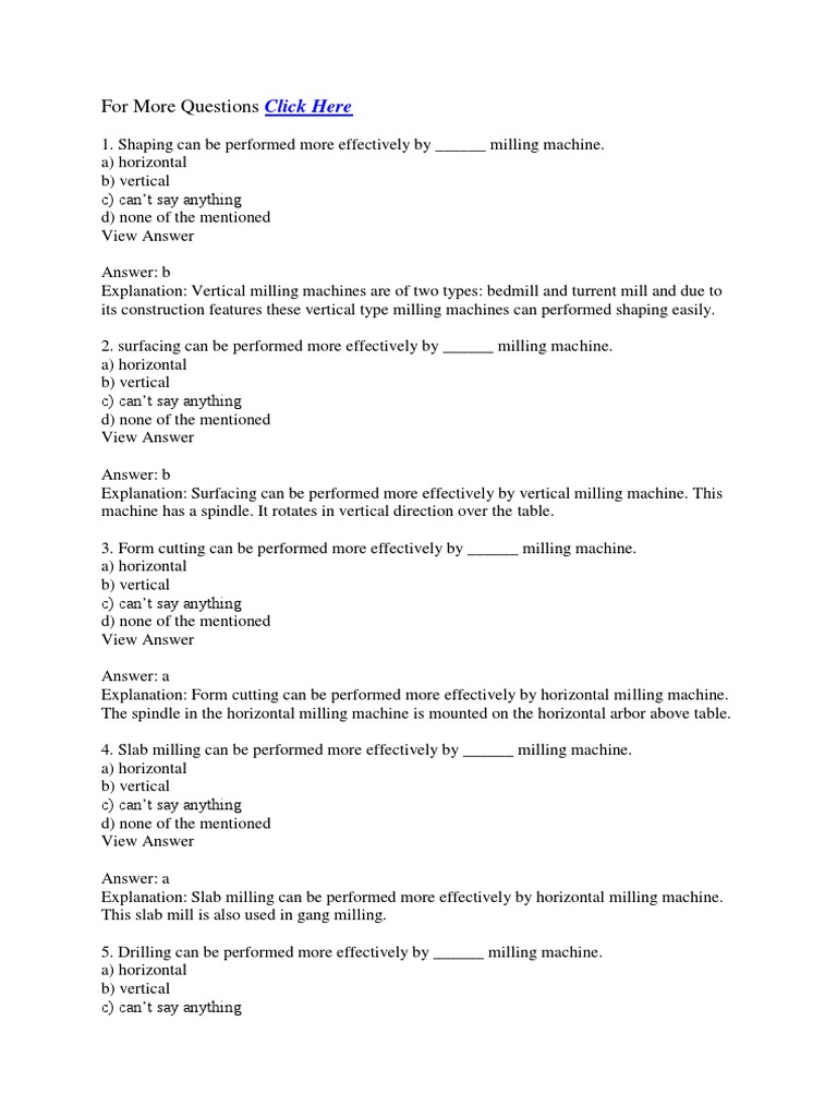 MCQ On Milling Machine PDF