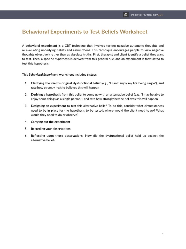 CBT Behavioral Experiment Worksheet | PDF | Cognitive Therapy | Experiment