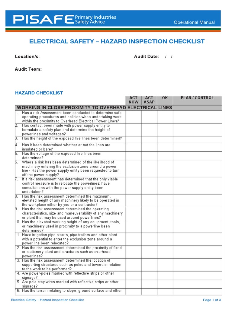 Electrical Hazards Checklist PDF Safety Electricity