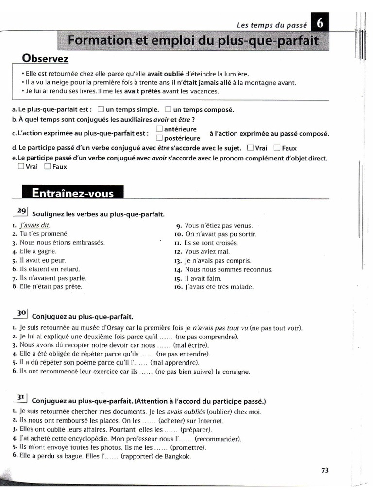 Devoir Au Plus Que Parfait Exercices Plus Que Parfait | PDF