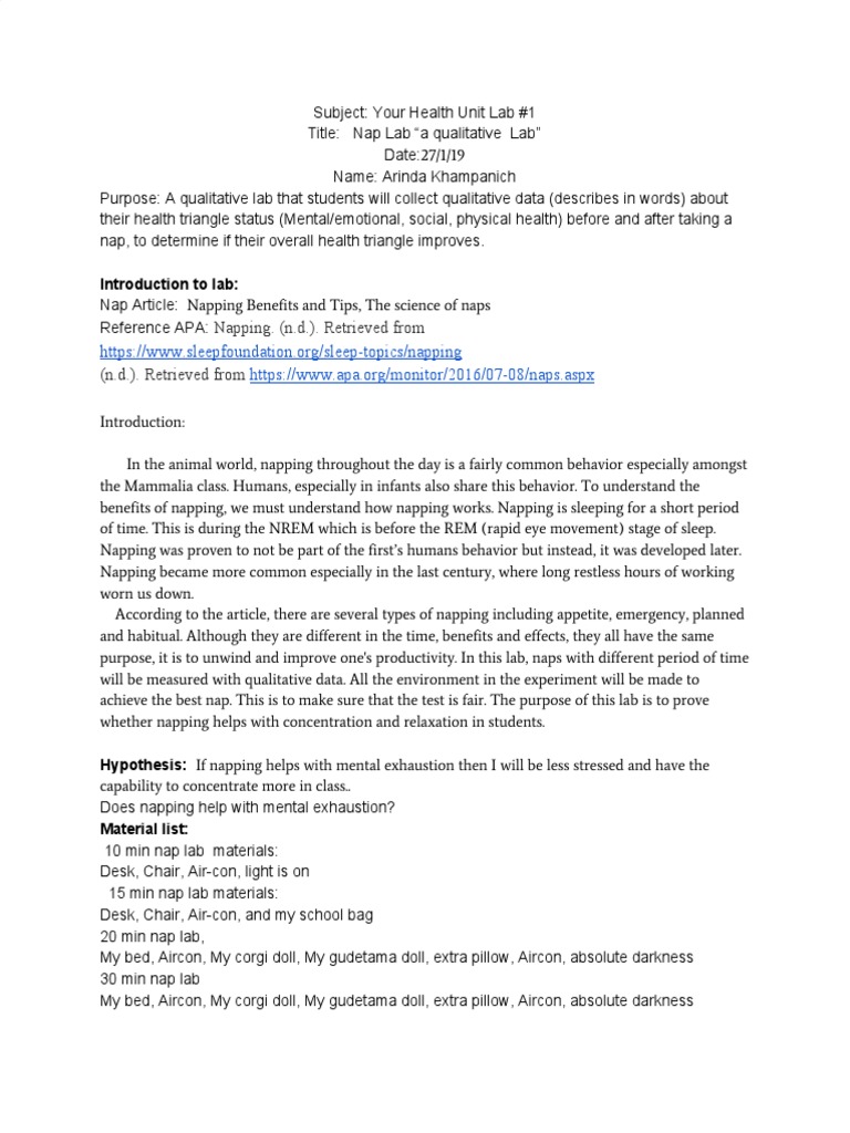 Assignment 1 Nap Lab - Your Health Unit | PDF | Rapid Eye Movement ...