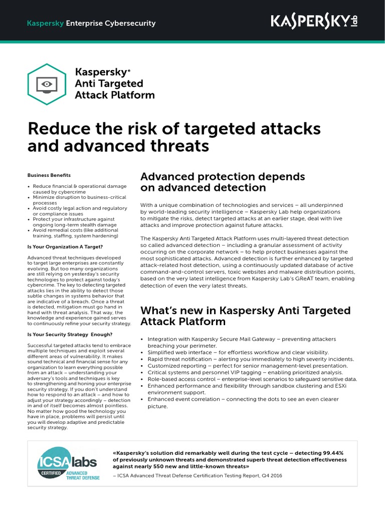 Kaspersky Anti Targeted Attack Datasheet PDF Computer Security Security