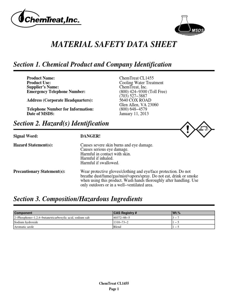 Safety Data Sheet for ChemTreat CL1455 Cooling Water Treatment Chemical