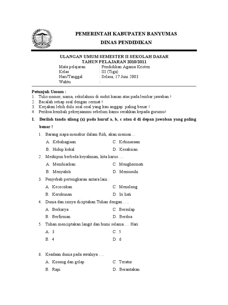 Contoh Soal Pas Agama Kristen Kls 6