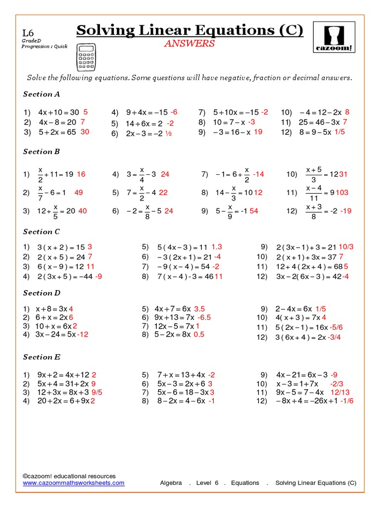 Solving Linear Equations (C) : Answers | PDF | Equations | Algebra