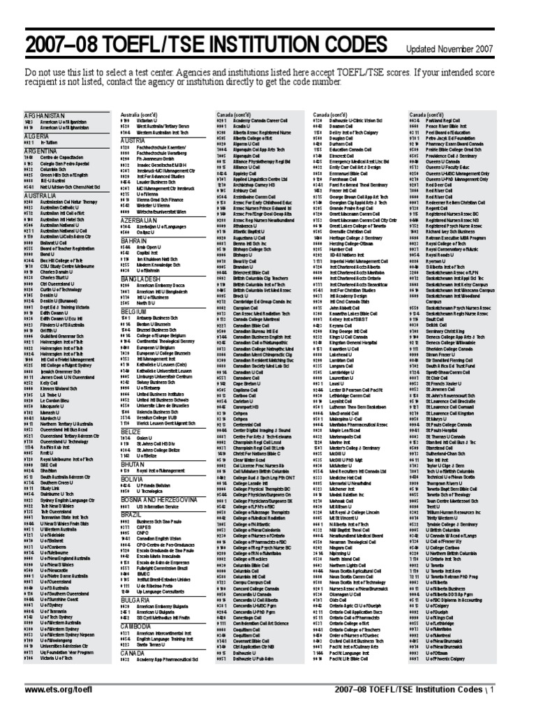 TOEFL Institution Codes 2007-08 | PDF | Schools
