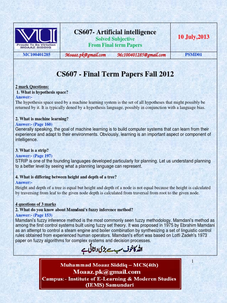CS607 AI Final Term Papers Overview | PDF | Statistical Classification ...