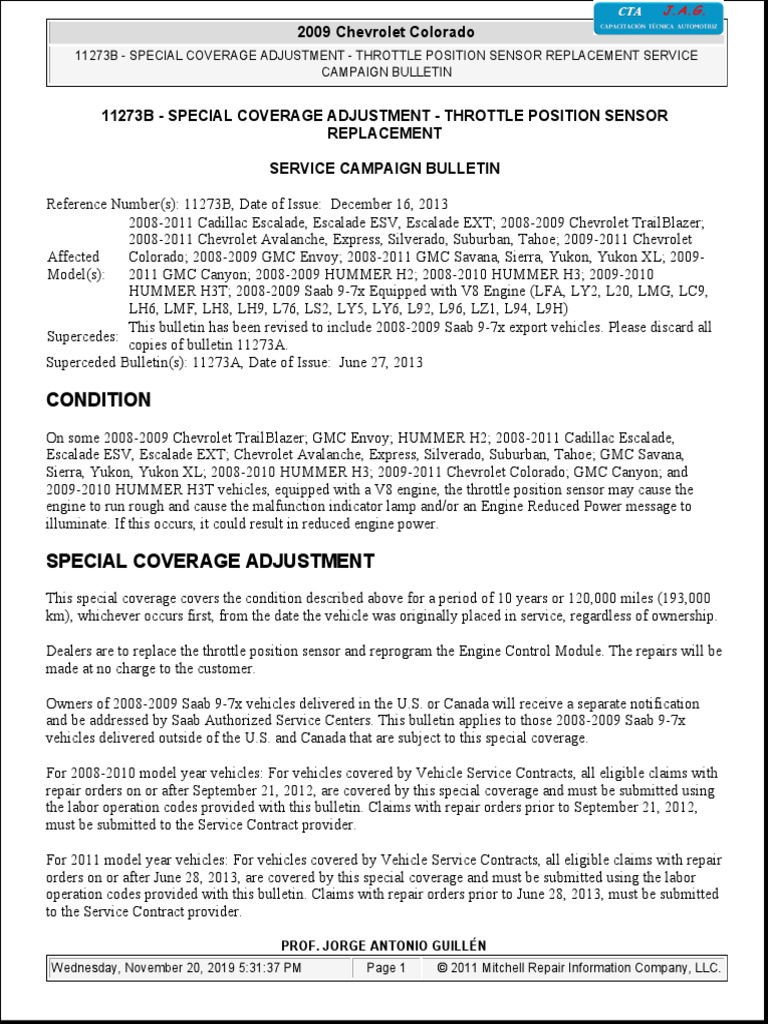 TSB 11273B Chevrolet Colorado Cuerpo de Aceleración PDF Chevrolet